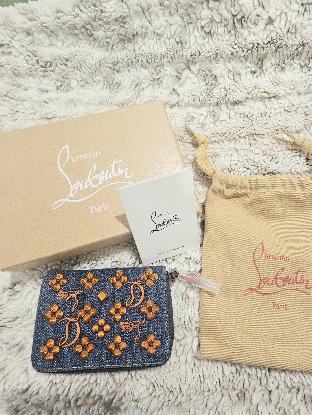 NEW W/ BOX & DUST BAG Christian Louboutin Denim Zip Wallet with Orange Studs